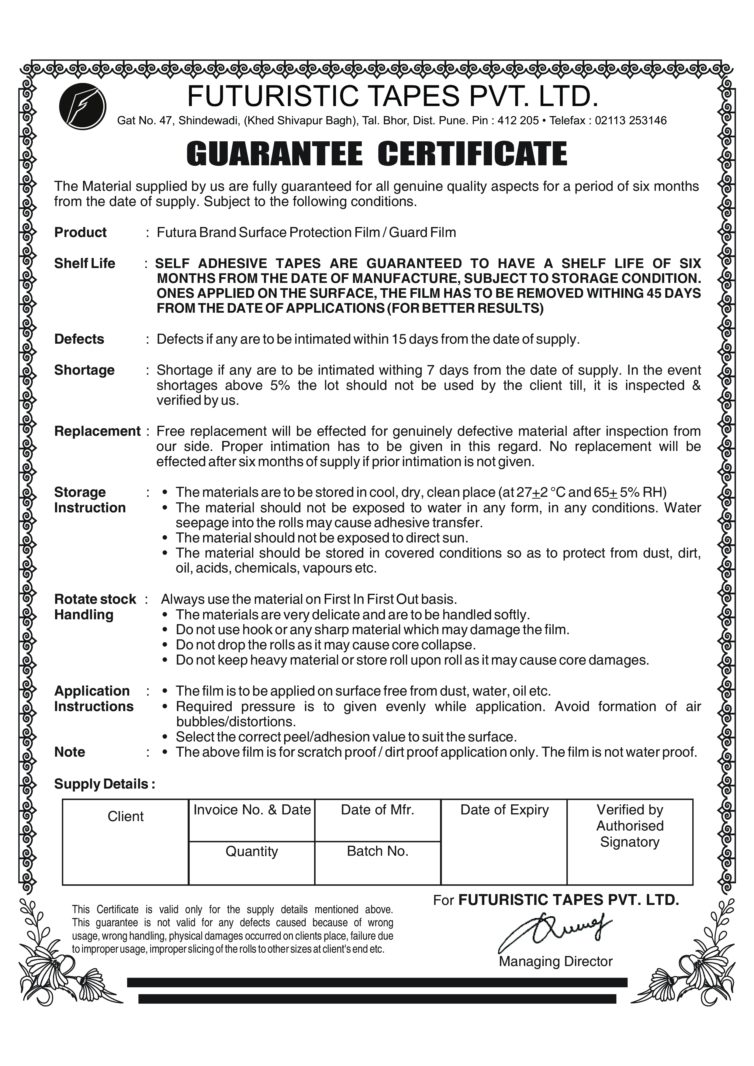 Guarantee Certificate